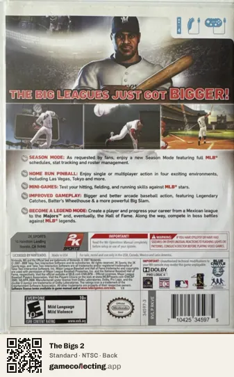 The Bigs 2 Nintendo Wii, NTSC box back