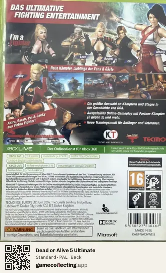 Dead or Alive 5 Ultimate Xbox 360, PAL box back