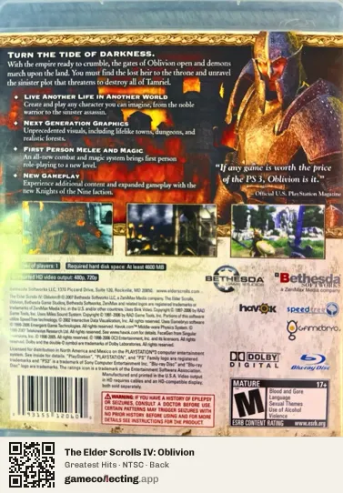 The Elder Scrolls IV: Oblivion PlayStation 3, NTSC box back
