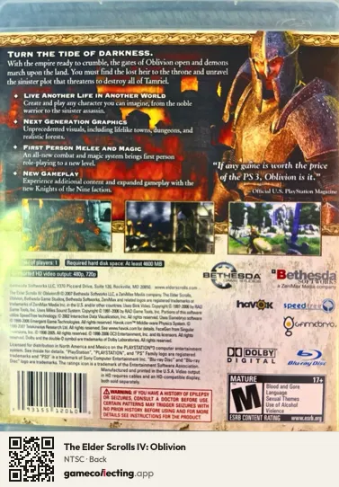 The Elder Scrolls IV: Oblivion PlayStation 3, NTSC box back