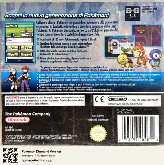Pokémon Diamond Version Nintendo DS, Italy box back