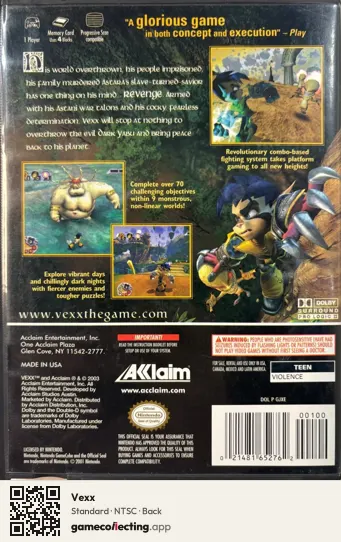 Vexx Nintendo GameCube, NTSC box back