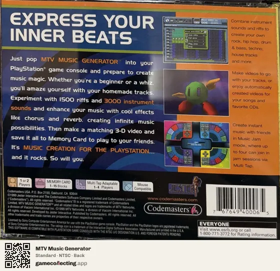 MTV Music Generator PlayStation, NTSC box back