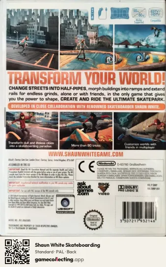Shaun White Skateboarding Nintendo Wii, PAL box back