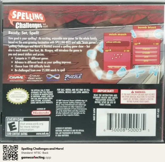 Spelling Challenges and More! Nintendo DS, NTSC box back