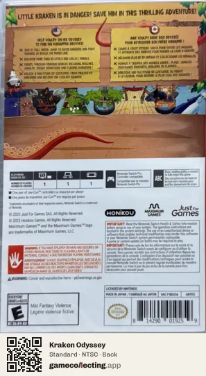 Kraken Odyssey Nintendo Switch, NTSC box back