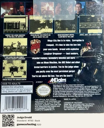 Judge Dredd Game Boy, NTSC box back