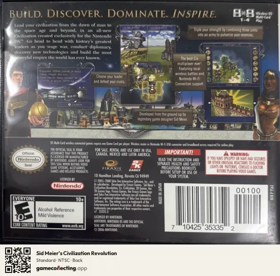 Sid Meier's Civilization Revolution Nintendo DS, NTSC box back
