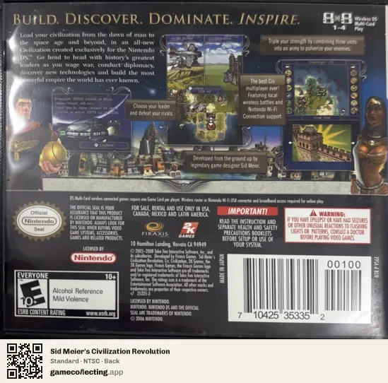 Sid Meier's Civilization Revolution Nintendo DS, NTSC box back