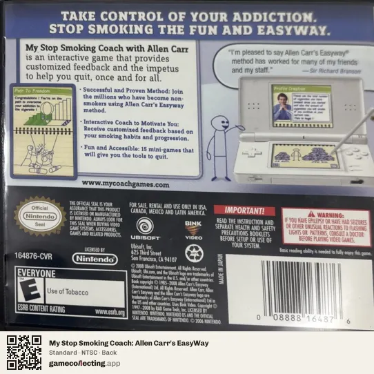 My Stop Smoking Coach: Allen Carr's EasyWay Nintendo DS, NTSC box back