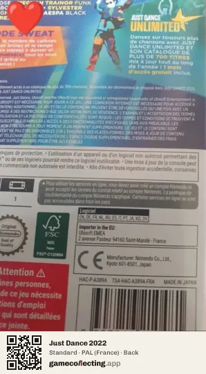 Just Dance 2022 Nintendo Switch, France box back