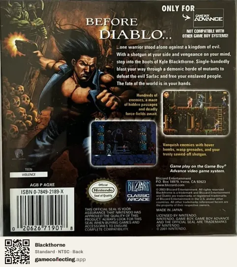 Blackthorne Game Boy Advance, NTSC box back