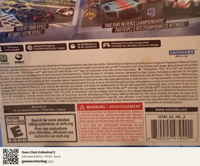 Gear.Club Unlimited 2 PlayStation 5, NTSC box back