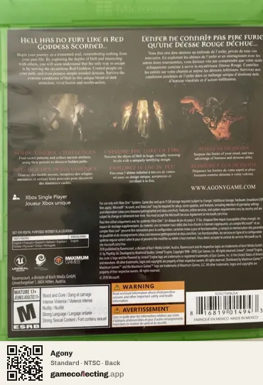 Agony Xbox One, NTSC box back