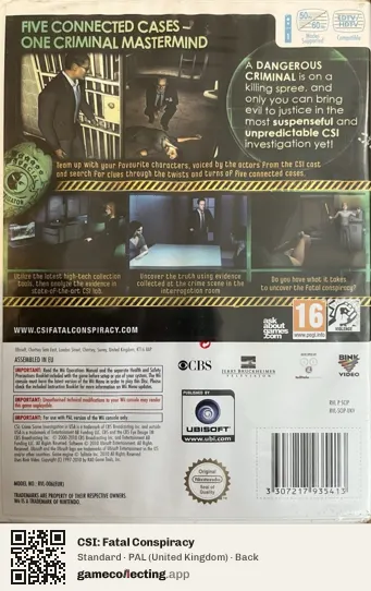 CSI: Fatal Conspiracy Nintendo Wii, United Kingdom box back