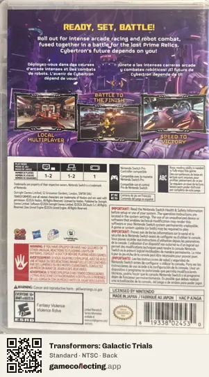 Transformers: Galactic Trials Nintendo Switch, NTSC box back