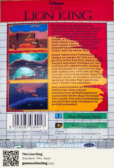 The Lion King Sega Game Gear, PAL box back