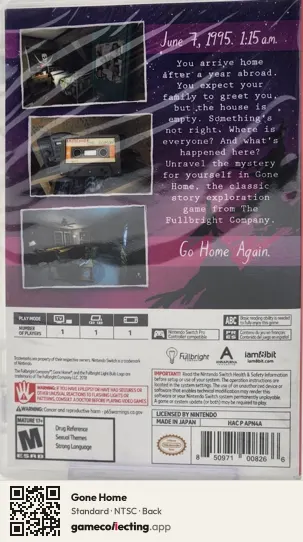 Gone Home Nintendo Switch, NTSC box back