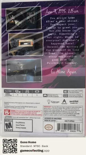 Gone Home Nintendo Switch, NTSC box back