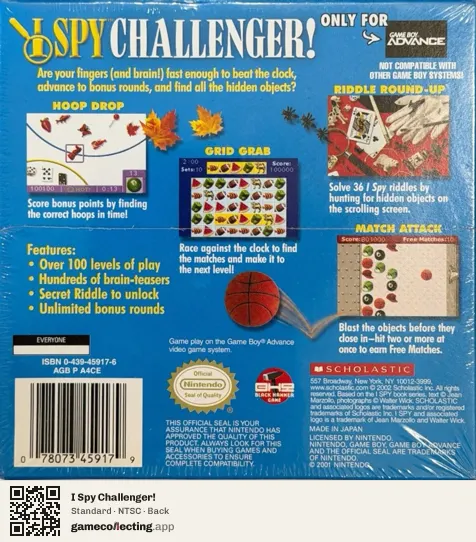 I Spy Challenger! Game Boy Advance, NTSC box back