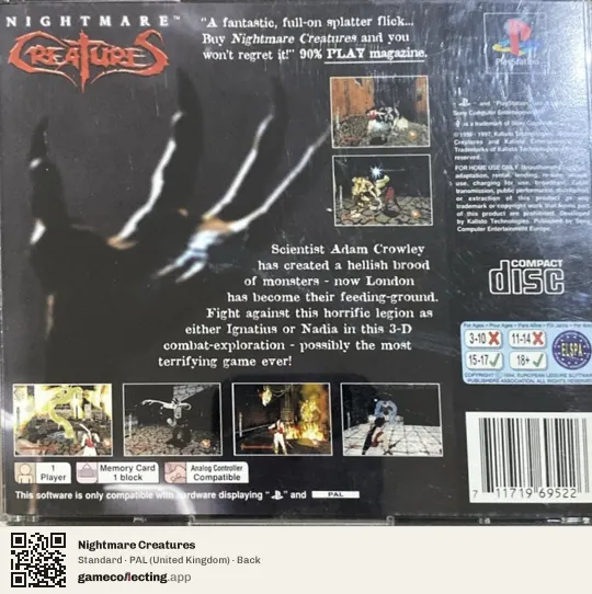 Nightmare Creatures PlayStation, United Kingdom box back