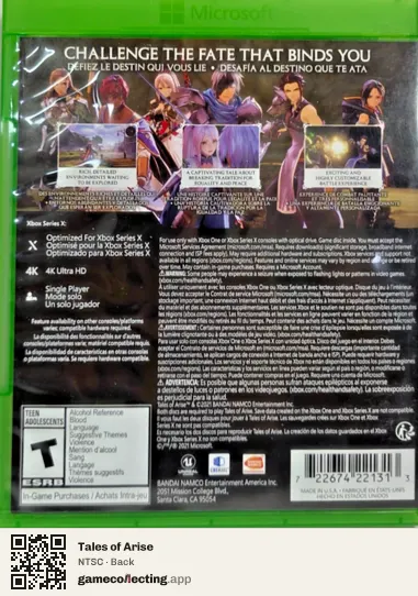 Tales of Arise Xbox Series X, NTSC box back