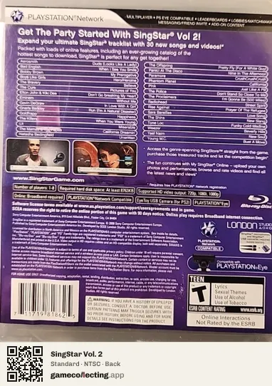 SingStar Vol. 2 PlayStation 3, NTSC box back