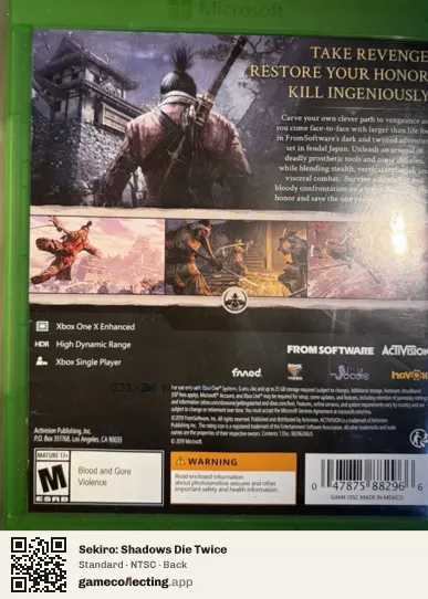 Sekiro: Shadows Die Twice Xbox One, NTSC box back