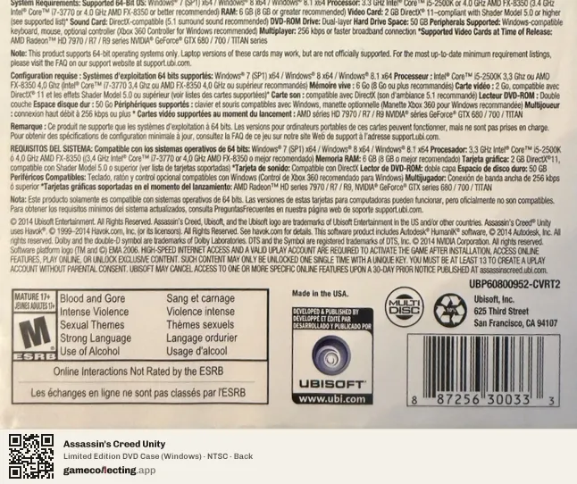 Assassin's Creed Unity Computer, NTSC box back