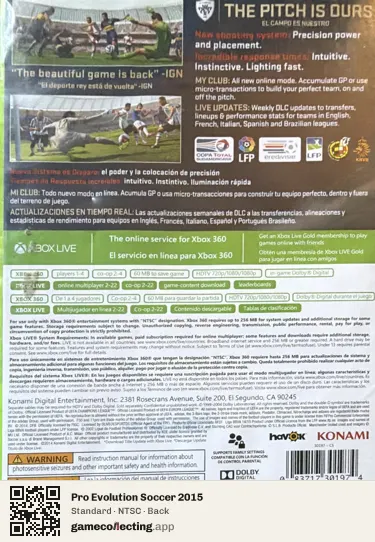 Pro Evolution Soccer 2015 Xbox 360, NTSC box back