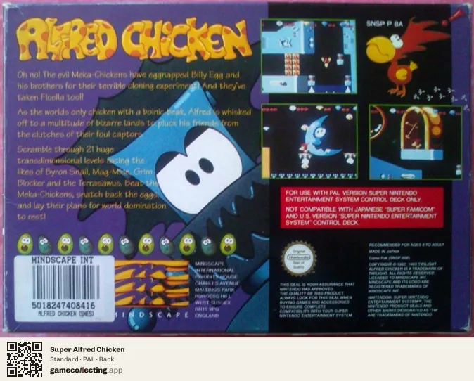 Super Alfred Chicken Super Nintendo Entertainment System, PAL box back