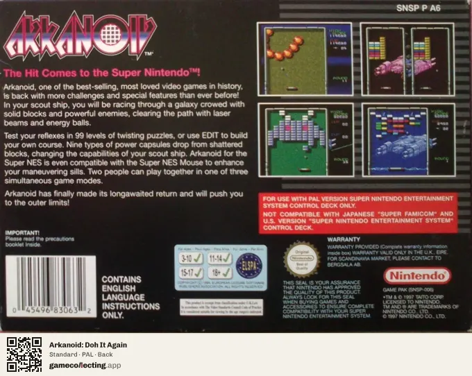 Arkanoid: Doh It Again Super Nintendo Entertainment System, PAL box back