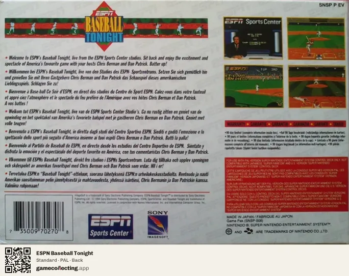 ESPN Baseball Tonight Super Nintendo Entertainment System, PAL box back