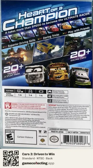 Cars 3: Driven to Win Nintendo Switch, NTSC box back