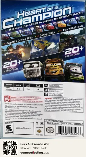 Cars 3: Driven to Win Nintendo Switch, NTSC box back