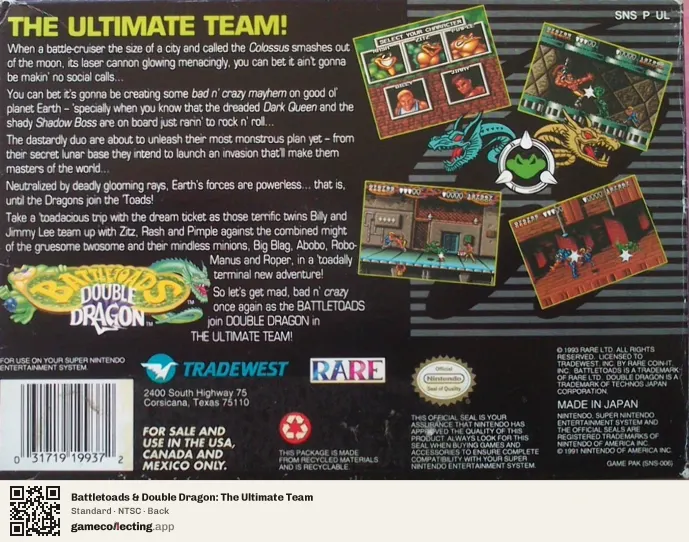 Battletoads & Double Dragon: The Ultimate Team Super Nintendo Entertainment System, NTSC box back