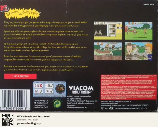 MTV's Beavis and Butt-Head Super Nintendo Entertainment System, PAL box back
