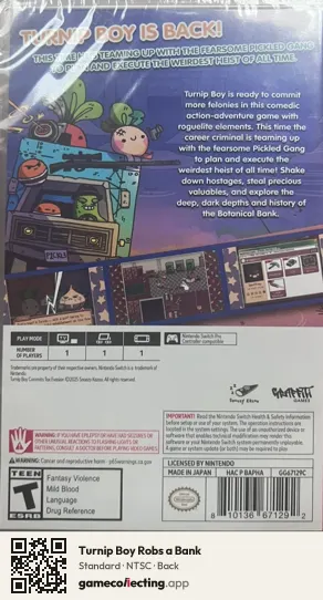 Turnip Boy Robs a Bank Nintendo Switch, NTSC box back