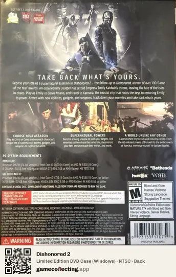 Dishonored 2 Computer, NTSC box back