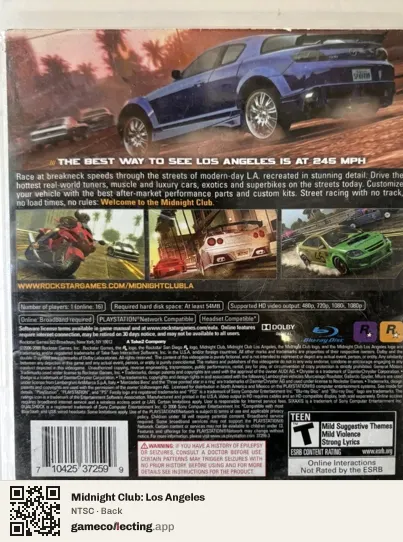 Midnight Club: Los Angeles PlayStation 3, NTSC box back