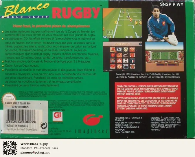 World Class Rugby Super Nintendo Entertainment System, France box back