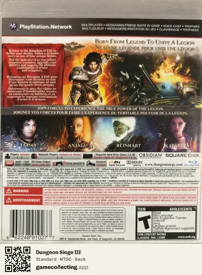 Dungeon Siege III PlayStation 3, NTSC box back