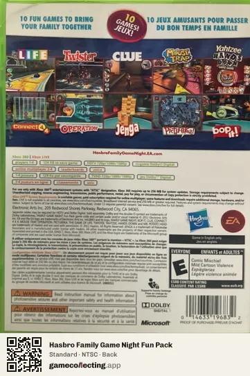 Hasbro Family Game Night Fun Pack Xbox 360, NTSC box back