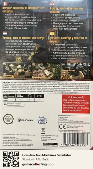 Construction Machines Simulator Nintendo Switch, PAL box back