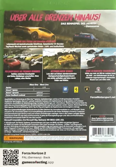 Forza Horizon 2 Xbox One, Germany box back
