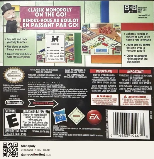 Monopoly Nintendo DS, NTSC box back