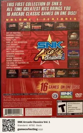 SNK Arcade Classics Vol. 1 PlayStation 2, NTSC box back