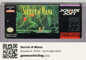 Secret of Mana Super Nintendo Entertainment System, NTSC cartridge label