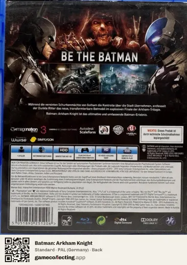 Batman: Arkham Knight PlayStation 4, Germany box back