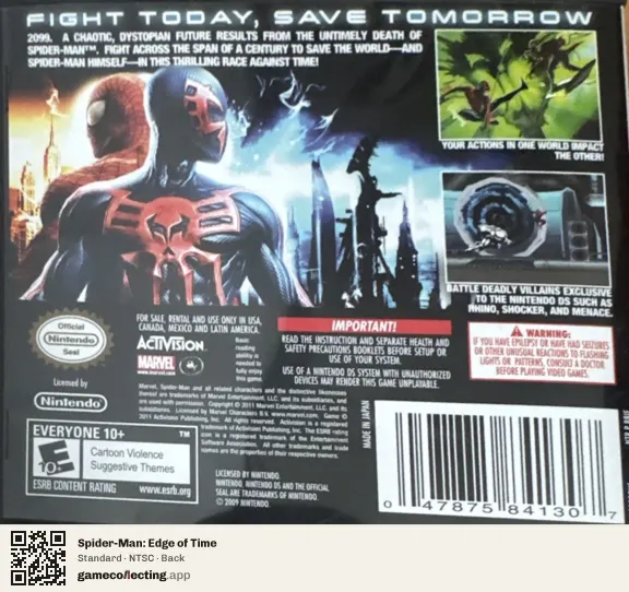 Spider-Man: Edge of Time Nintendo DS, NTSC box back